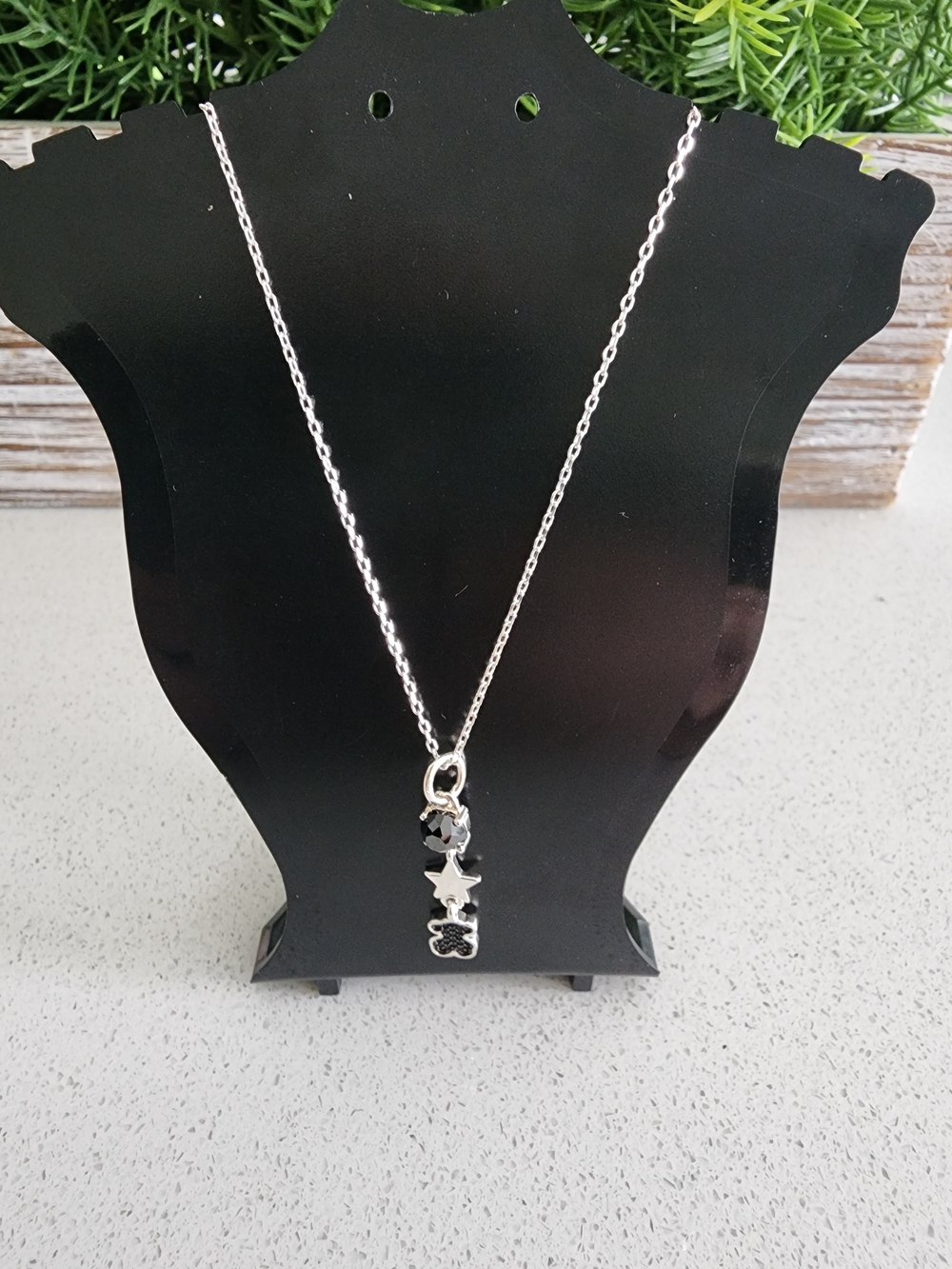 Tous Silver Star & Black Crystal Pendant Necklace